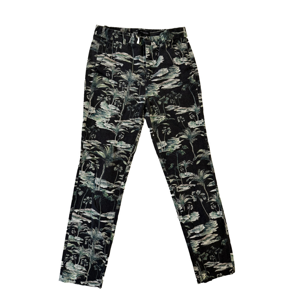 ZARA Pants Womens XS Palm Tropical Print Slim Fit‎ Green Black Patterned Spain